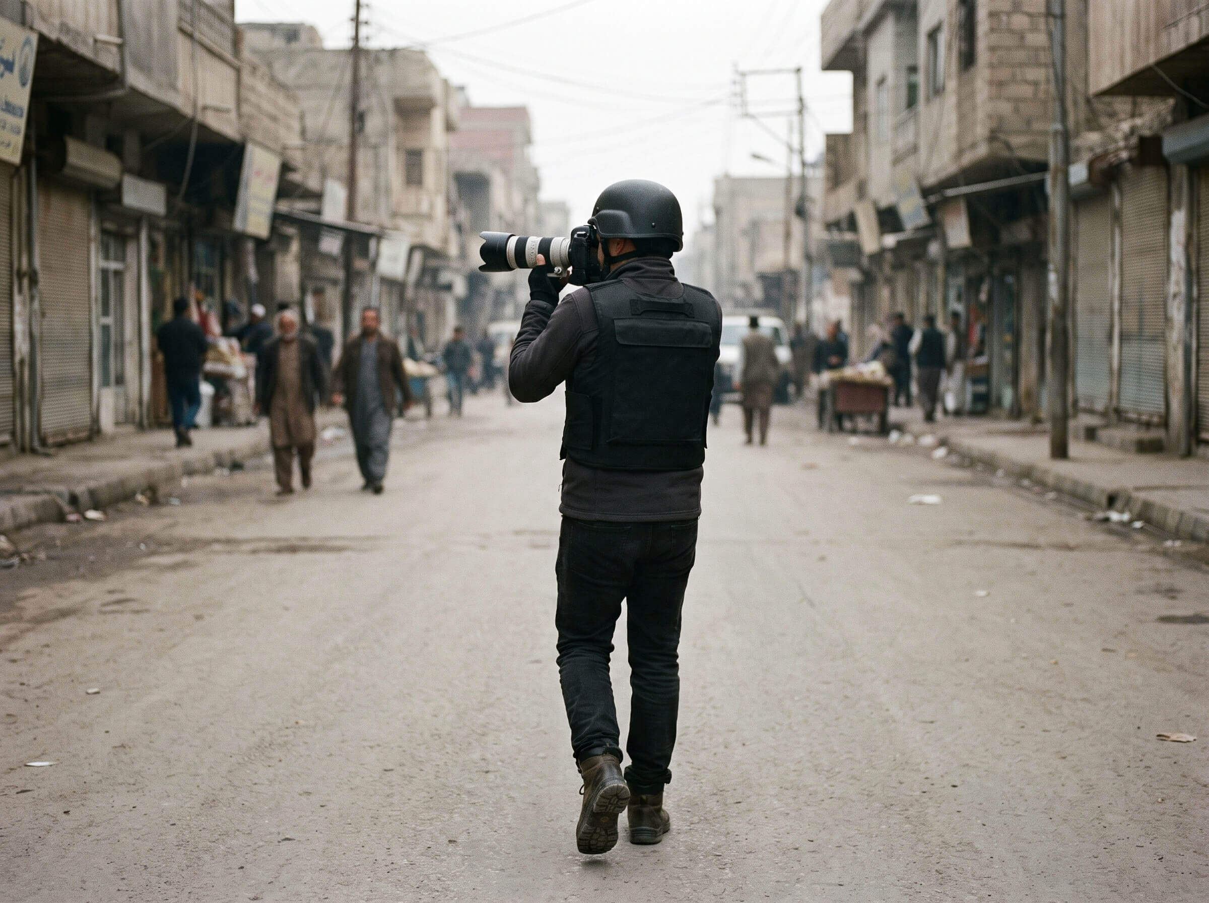 A photojournalist in a helmet and body armour walking down a market street, his camera with a long lens raised to his eye