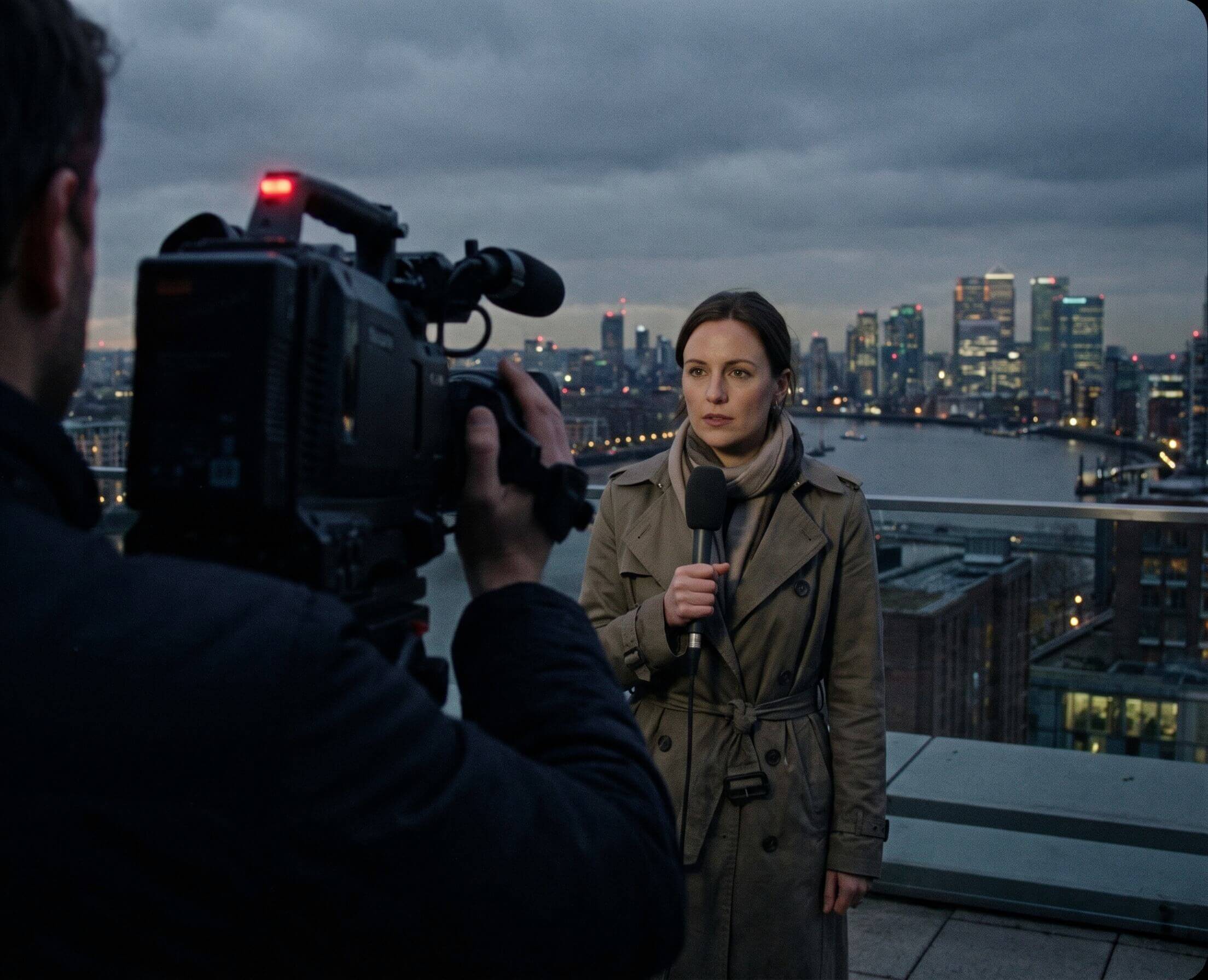 A correspondent going live on a rooftop at blue hour, the camera's red light on and the city behind her