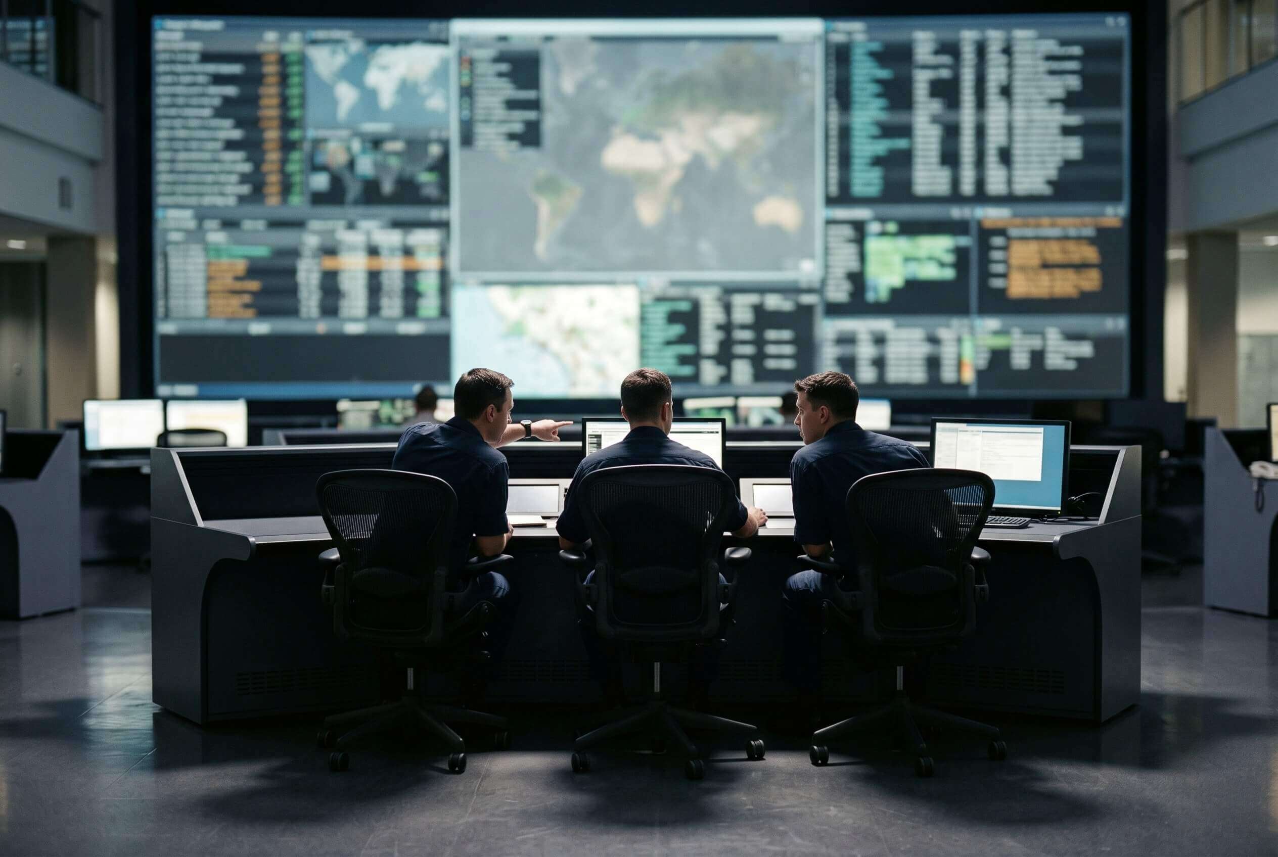 Three operators at a console facing a video wall with a world map and live data