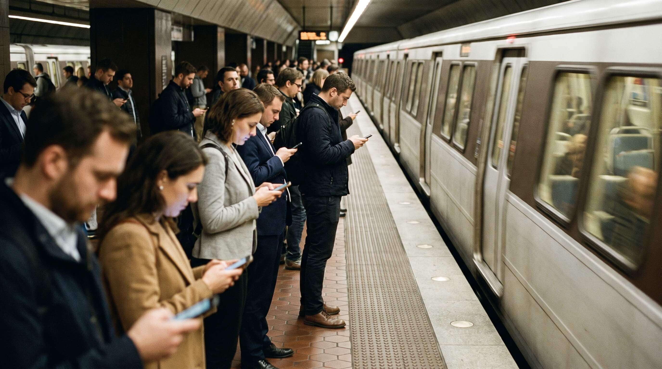 Commuters on a metro platform reading the news on their phones beside a waiting train