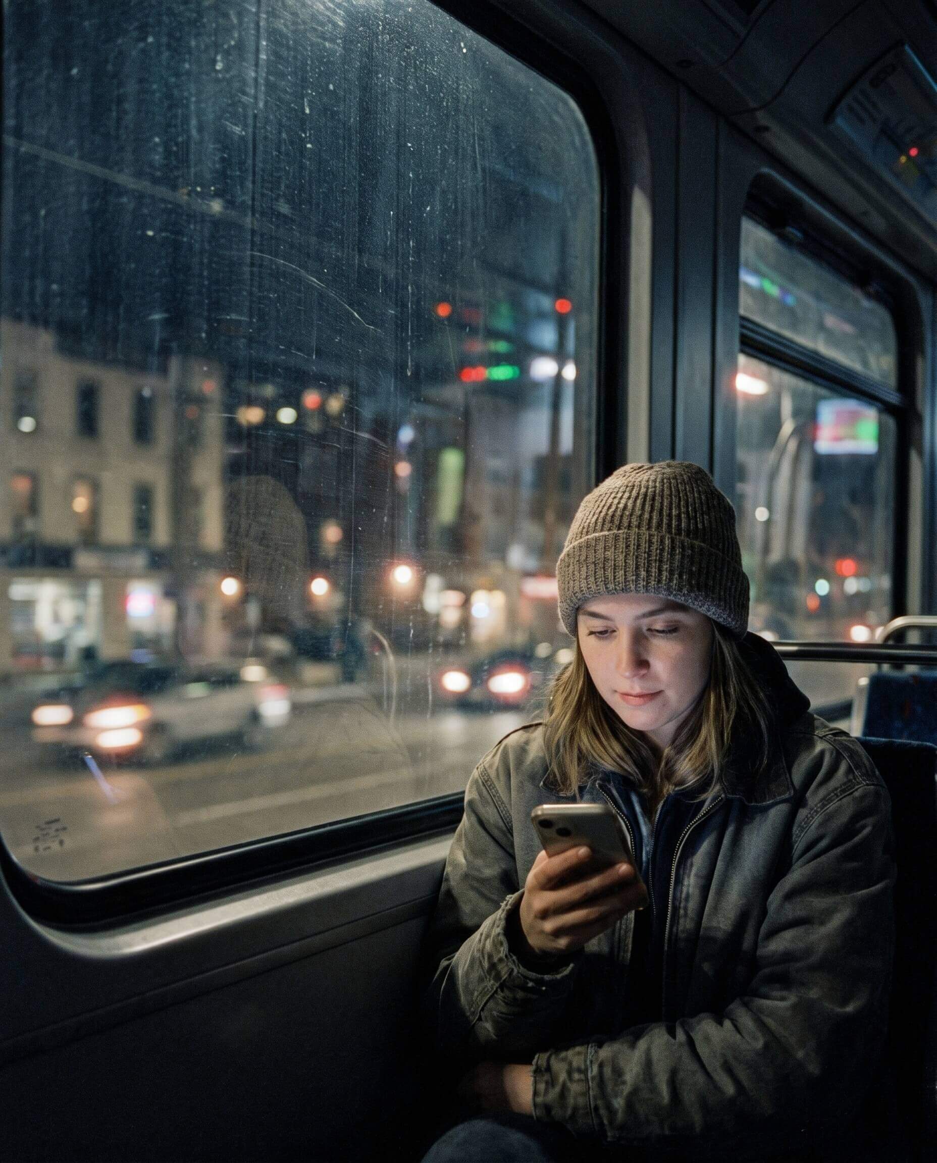 A woman on a night bus reading the news on her phone, the city lights blurred in the window beside her