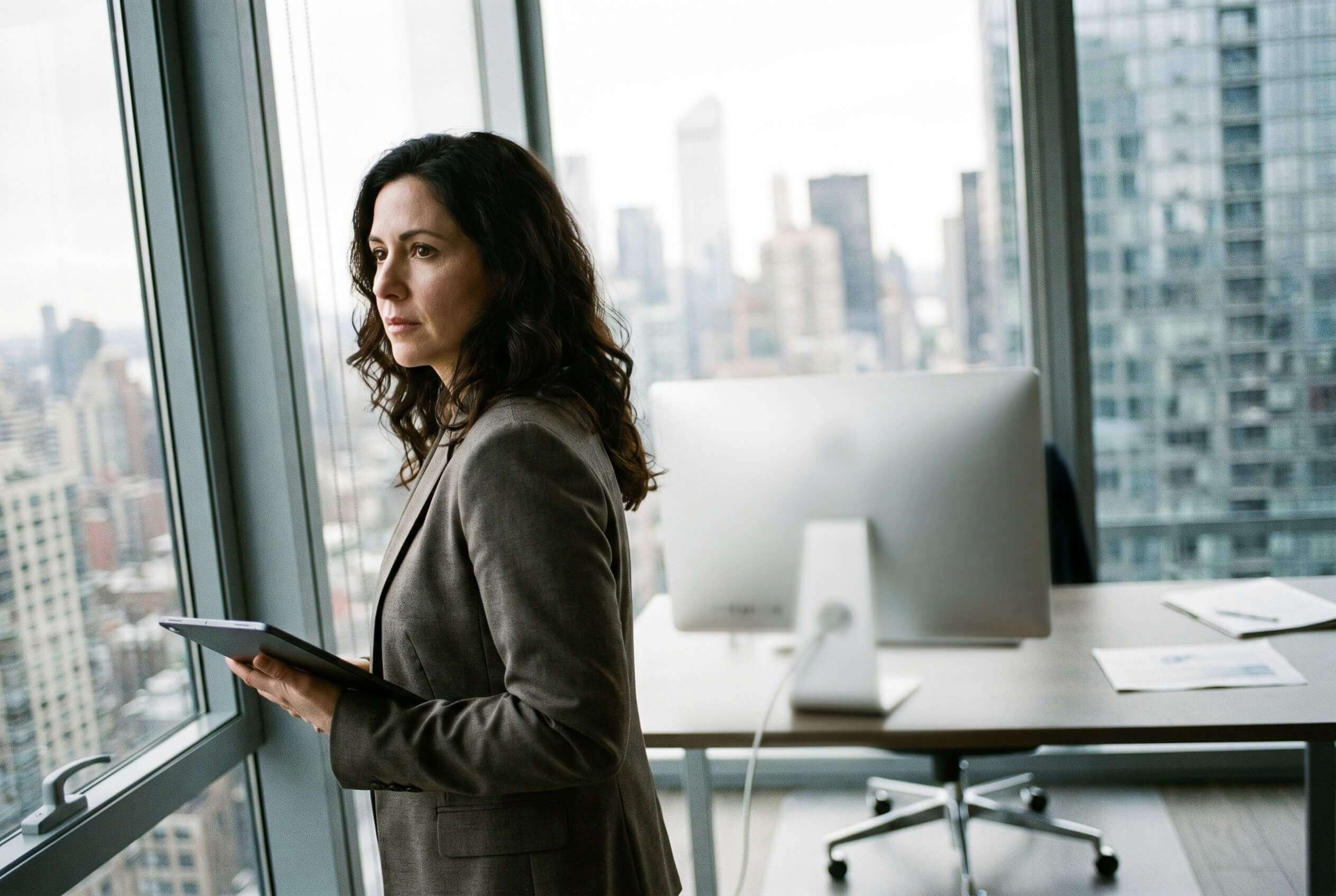 A publisher holding a tablet by the window of a high-rise office, looking out over the city