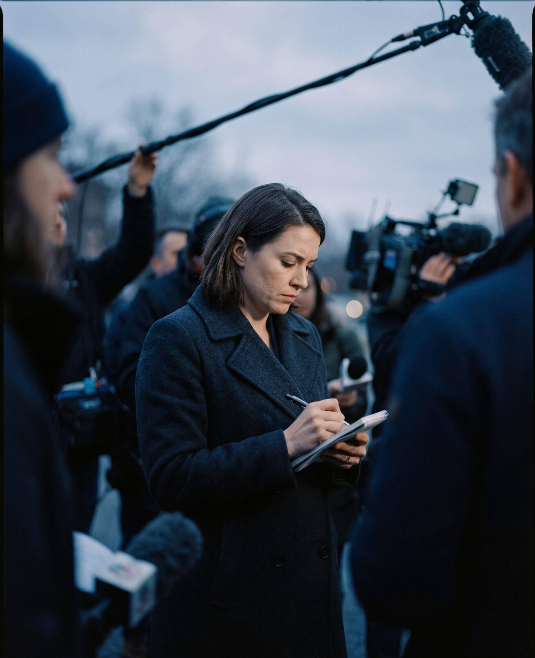 A reporter taking notes at an outdoor press event at dusk