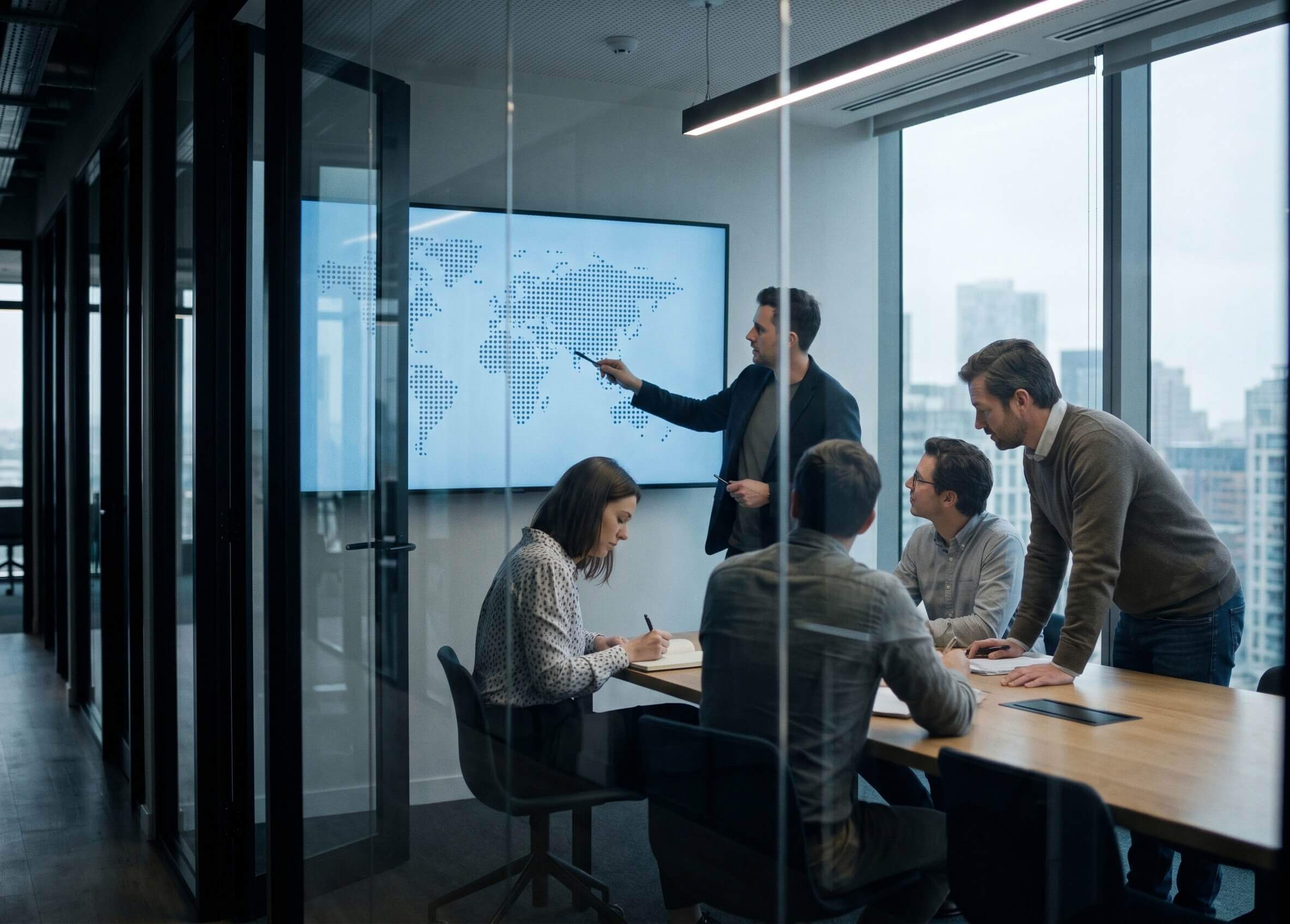 An editorial team in a glass meeting room reviewing a world map on a wall screen