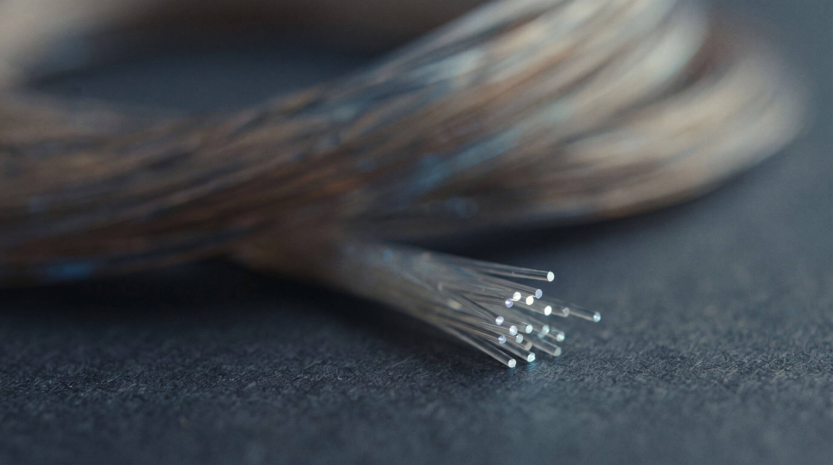 Macro photograph of fibre-optic strands with glowing tips